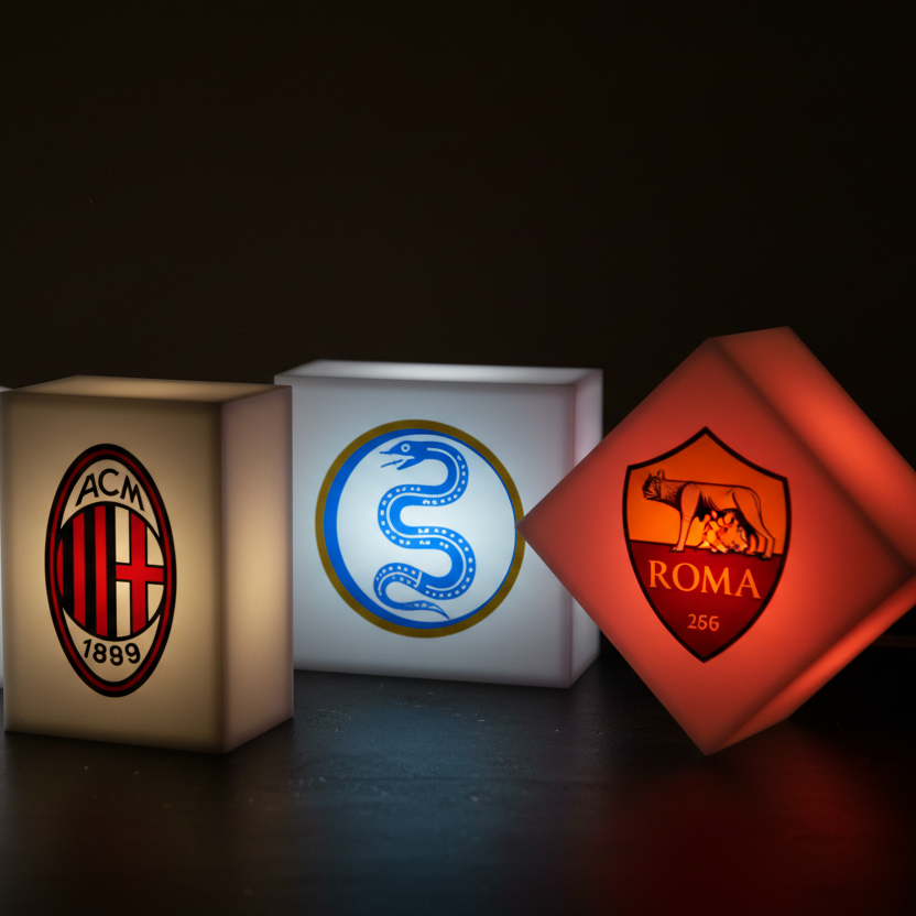 crea un immagine con formato 16:9 che rappresenti delle lightbox a luce led stampate in 3d a tema squadre di calcio italiane